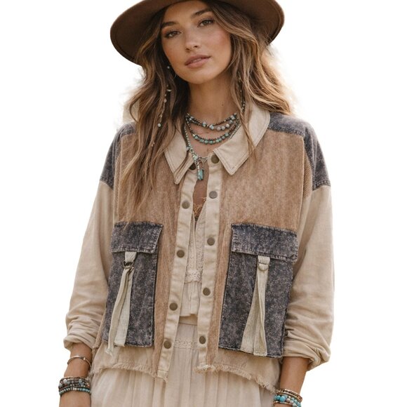 Oli & Hali Jackets & Blazers - Oli & Hali Womens Tatiana Jacket L NWOT Corduroy Patchwork Cottage Brown Blue